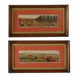 Hand Colored Lithographs on Paper of Kansas Farms: A pair of hand colored lithographs on paper of Kansas farms. Included are the residences of C. J. Swanson and A. V. Johnson, both from Pottawatomie Co. Each print depicts country life with farmhouses, barns, cows, and horses, in wide landscape compositions. Each print includes the name of the farm in plate beneath the image, and is presented under a linen liner and glass in a wood frame, with hanging wire affixed to the verso.