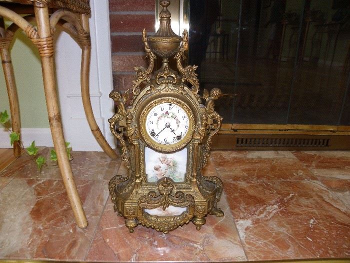 Antique Guilted Cherub French Mantel Clock, New Haven Clock. 1930's.