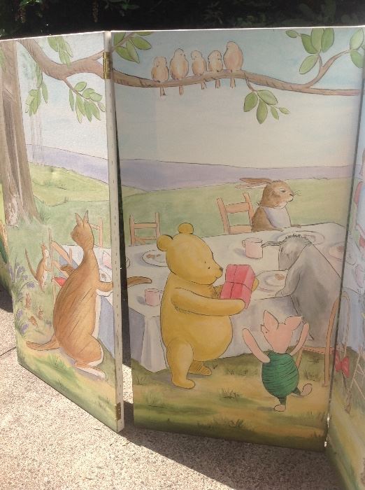 Winnie the Pooh six panel floor screen, handpainted oil on canvas 