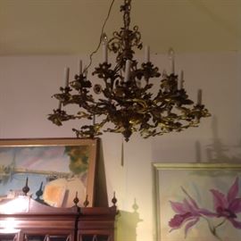 Floral motif bronze chandelier