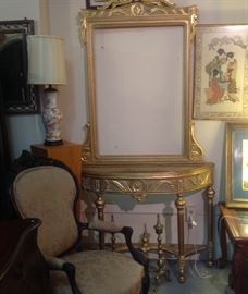 French style gilt console, no top, mirror, no glass, Victorian armchair, andirons, Chinese lamp