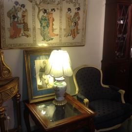 Chinese lamp, one of many end tables, French chair