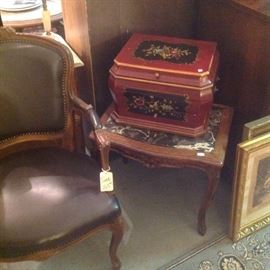 French style leather chair, marble top table