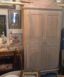 Southwest style pickled armoire, French style marble top gilt wall mount console table