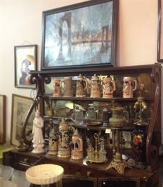 Regency style mahogany sideboard, steins, one of a pair of Chinese signed watercolor portraits, steins
