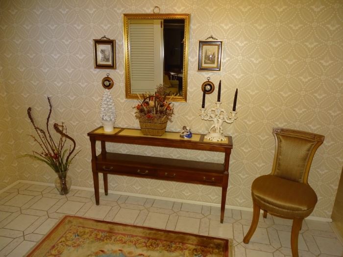 Foyer table, chairs, mirror, etc.