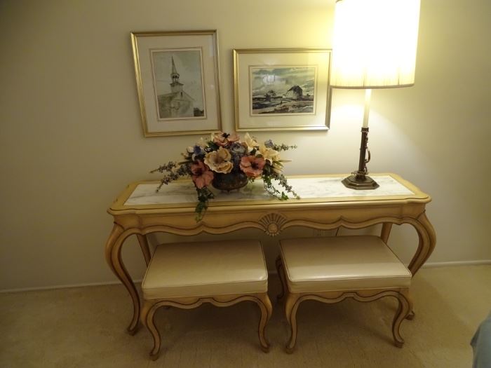 Weiman sofa table (marble insert) with two benches. Lamp is a Stiffel.