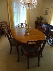 French Provincial/French Country Fancher dining room table with four chairs, two leaves & pads. This is part of the 8-piece dining room suite.