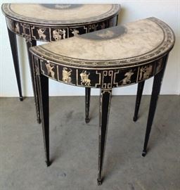 Pair English regency paint decorated demi lunes