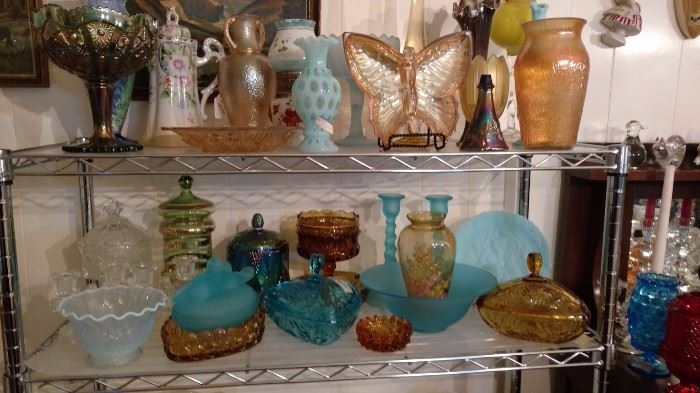 carnival glass, blue and amber glass