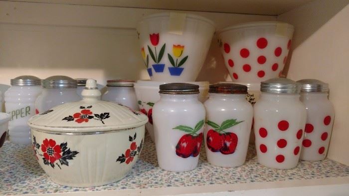 Fire King tulip grease jars and salt and pepper sets