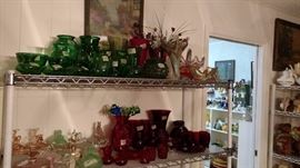 forest green and ruby red glass with powder dishes