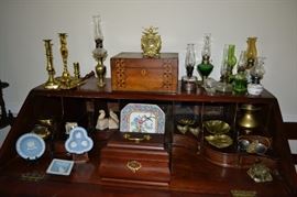 Miniature Oil Lamps, Tunbridgeware Box, Va. Metalcrafters Brass, Wedgwood