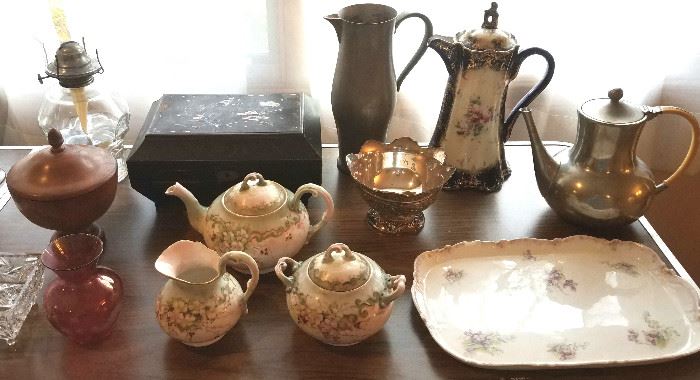 Antique china, wood box, pewter & glassware