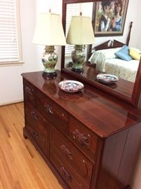 Lillian Russell style bedroom suite, possible Davis Cabinet, Nashville, 3 pieces: dresser with mirror, bed and night stand