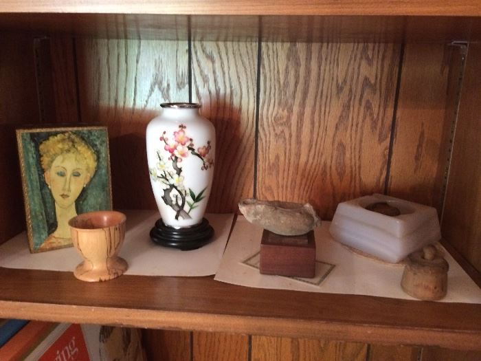 Parisian box, Asian vase, Olive wood cup from Jerusalem, 2000 year old oil lamp, onyx ashtray, antique butter mold