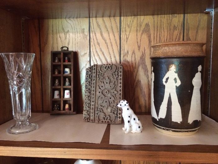 Crystal case, thimbles, batik print, porcelain dog, ceramic vase