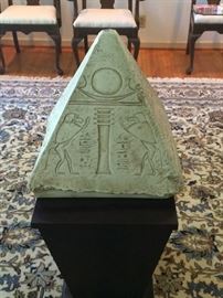 Very large Egyptian sculpture -copy of a carved capstone, worshiping god Ra. On wooden pedestal. 