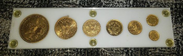 GOLD COIN TYPE SET - 1890 CC 20$; 1891 CC 10$; 1892 CC 5$; 1855 P INDIAN PRINCESS; 2.5$; 1$ TYPE I ; & 1$ TYPE III