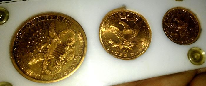 GOLD COIN TYPE SET - 1890 CC 20$; 1891 CC 10$; 1892 CC 5$; 1855 P INDIAN PRINCESS; 2.5$; 1$ TYPE I ; & 1$ TYPE III