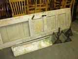 Two Old Doors, Shelf, Andirons, and Hand Agitator for Old Washers (far right)
