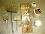 Three Old Mallets, Board Sign, and Pottery