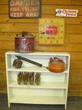 Signs ("High Voltage," "Cyclone Fence," "Meadow Milk Clock"), BookCase, Fumigator, Two Gasoline Cans, Set of Glasses w/Caddy (1950's)