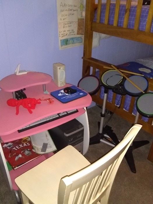 Bunk beds, Junior computer desk, wooden chair, Junior instruments