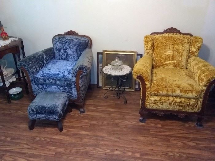 Antique velvet armchairs and footstool