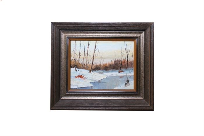 Strandberg Oil on Canvas of a Winter Landscape: An oil on canvas of a winter landscape by Strandberg. This work features a snow covered bank along a creek surrounded by barren trees. It is signed lower left. The work is housed in a simple, molded wooden frame.