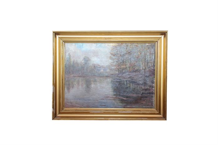 Impressionist Style Oil Painting of a Landscape: An Impressionist style oil painting. It depicts is a peaceful lake surrounded by the calming hues of autumn. It appears to be signed “P. Jorgensen” lower right. This work is housed in a cast embellished wooden frame.
