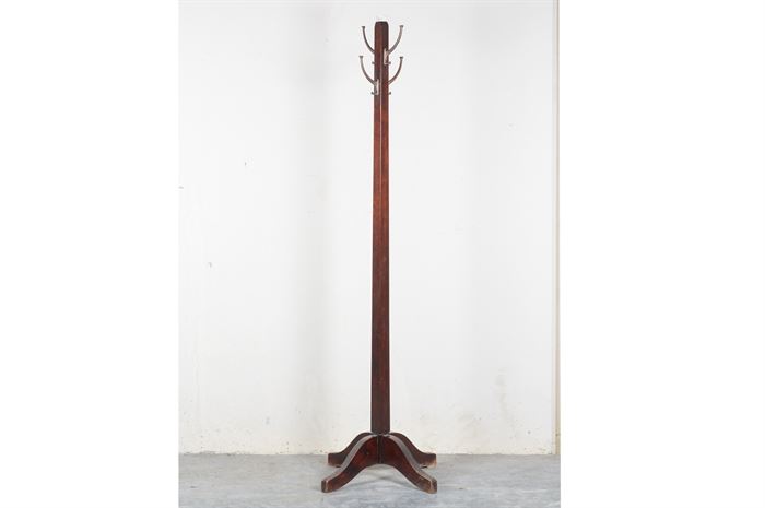 Contemporary Style Coat Rack: A contemporary style coat rack. This piece has a mahogany finish. Four nickel-toned hooks are to the top, one to each side of the square tapered columnar body. It stands on four curved splayed legs.
