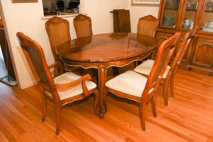Fruitwood Dining Set With Six Dining Chairs And Two Table Leaves