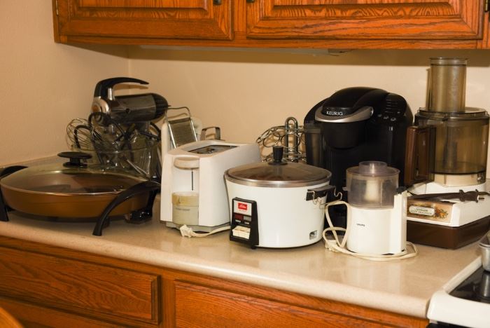 Skillet, Coffe Bean Grinder, Food Processor, keurig, Toaster And Other Assorted Kitchen Appliances
