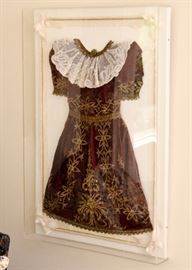 Antique Girl's Dress with Gold Embroidery / Applique & Lace Collar, Framed in Plexiglass