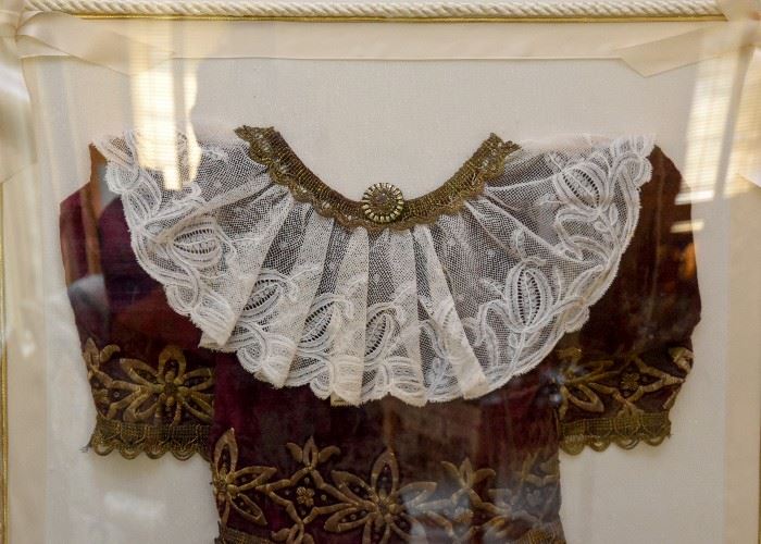 Antique Girl's Dress with Gold Embroidery / Applique & Lace Collar, Framed in Plexiglass