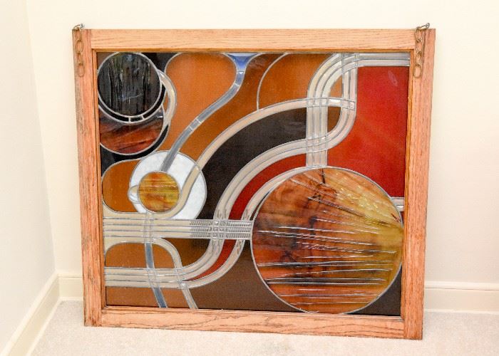 Large Modern Abstract Stained / Leaded Glass Window with Oak Frame