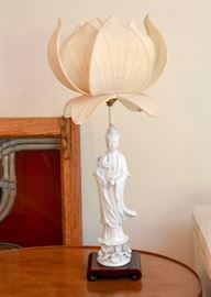 Figural Blanc de Chine Guanyin / Kwan Yin Table Lamp with Lotus Shade