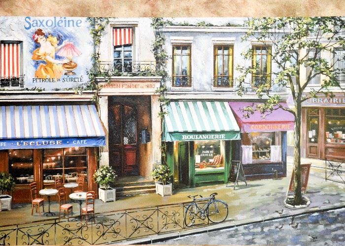Framed French Painting, Sidewalk Scene, Signed by Artist Mark St. John