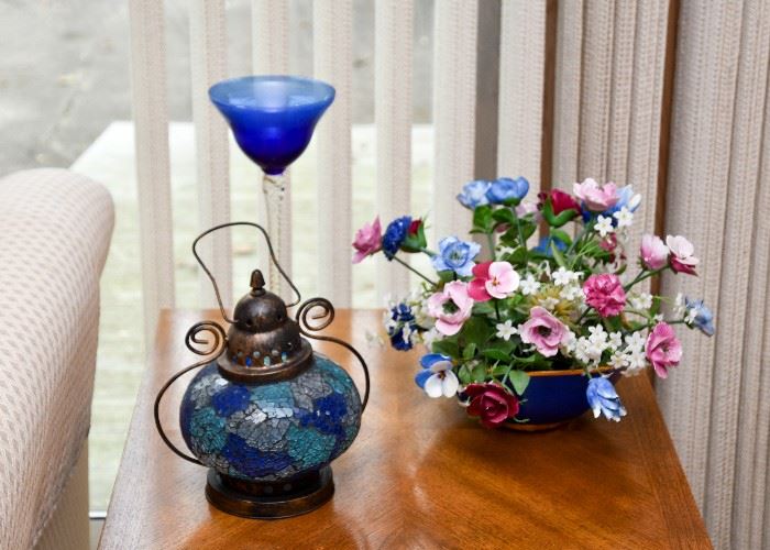 Blue Glass Lantern, Cobalt Blue Glass Votive Candlestick Holder, Glass Flower Arrangement