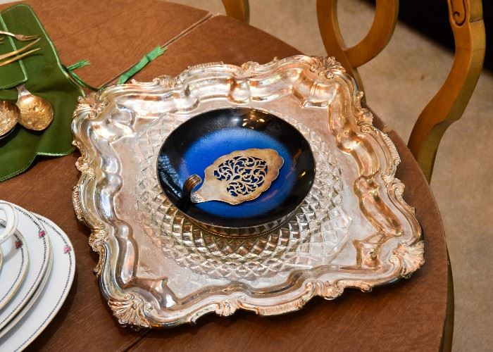 Silverplate Platter, Enameled Bowl, Serving Utensils