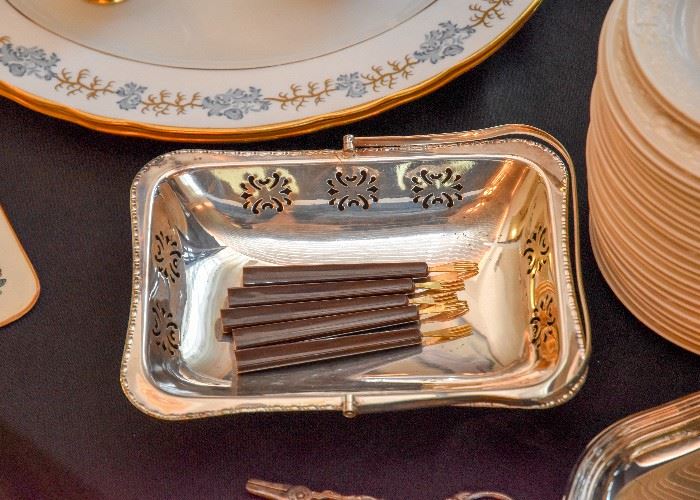 Silverplate Basket & Gold Party Forks