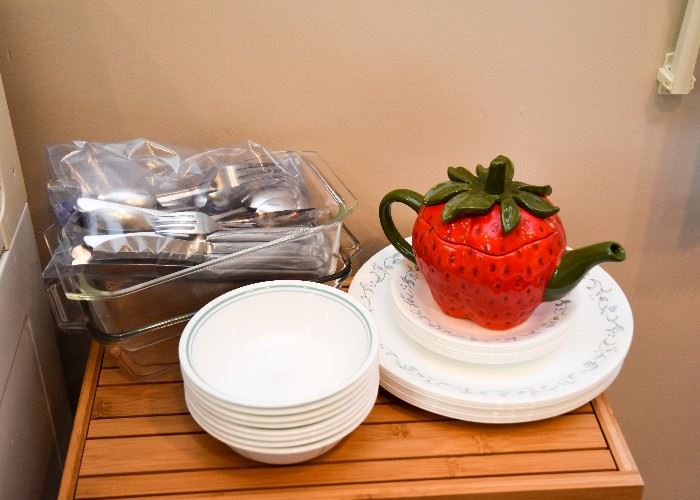 Corelle Dinnerware, Stainless Flatware, Collectible Strawberry Teapot