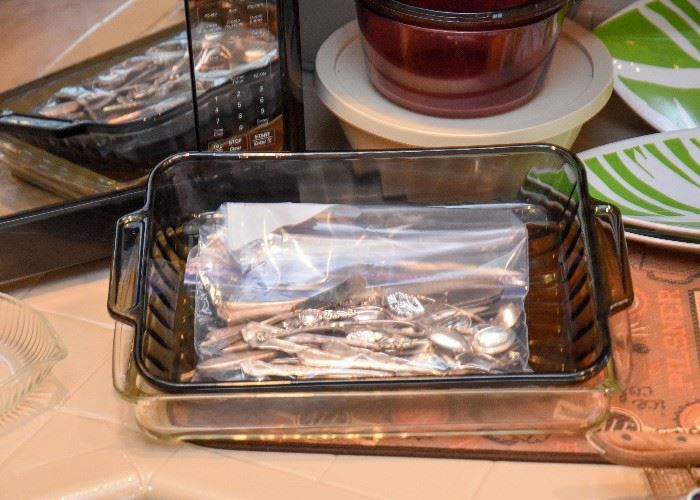 Silverplate Flatware, Glass Baking Dishes