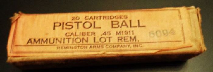 UNOPENED! WWI Remington 20 Cartridges Pistol Ball, Caliber .45 M1911, Ammunition Lot Rem. (5094) (Remington Arms Company, Inc.)