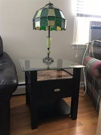 Raymour & Flanigan Glass Top Side Table - $195 Pair, Tiffany & Co. Style Green Table Lamp - $195