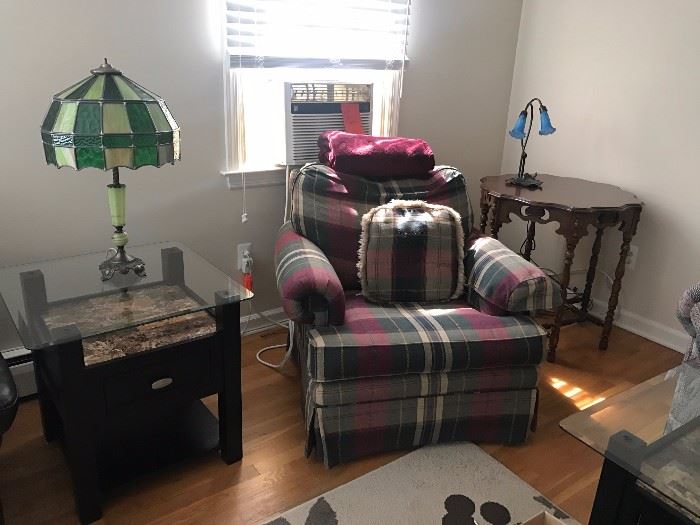 Plaid Chair - $150, Raymour & Flanigan Glass Top Side Table - $195 Pair, Tiffany & Co. Style Green Table Lamp - $195, Solid Maple Wood Table - $275, Tiffany & Co. Style Blue Table Lamp - $145