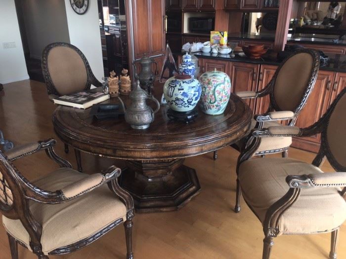 Round Pedestal Table with 4 Upholstered Chairs and Decorative
