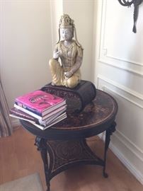 Round Inlaid Table, Asian Statuary and Books