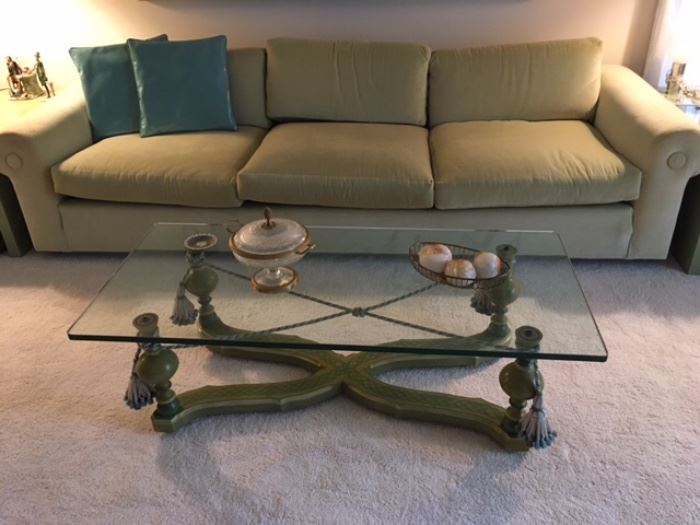Custom-designed Sofa with pale green velvet upholstery and hand-painted Coffee Table with glass top